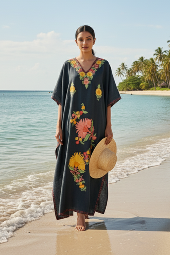 Women’s Black Cotton Kaftan – Embroidered Boho Maxi Dress for Resort & Beach Wear L-2X